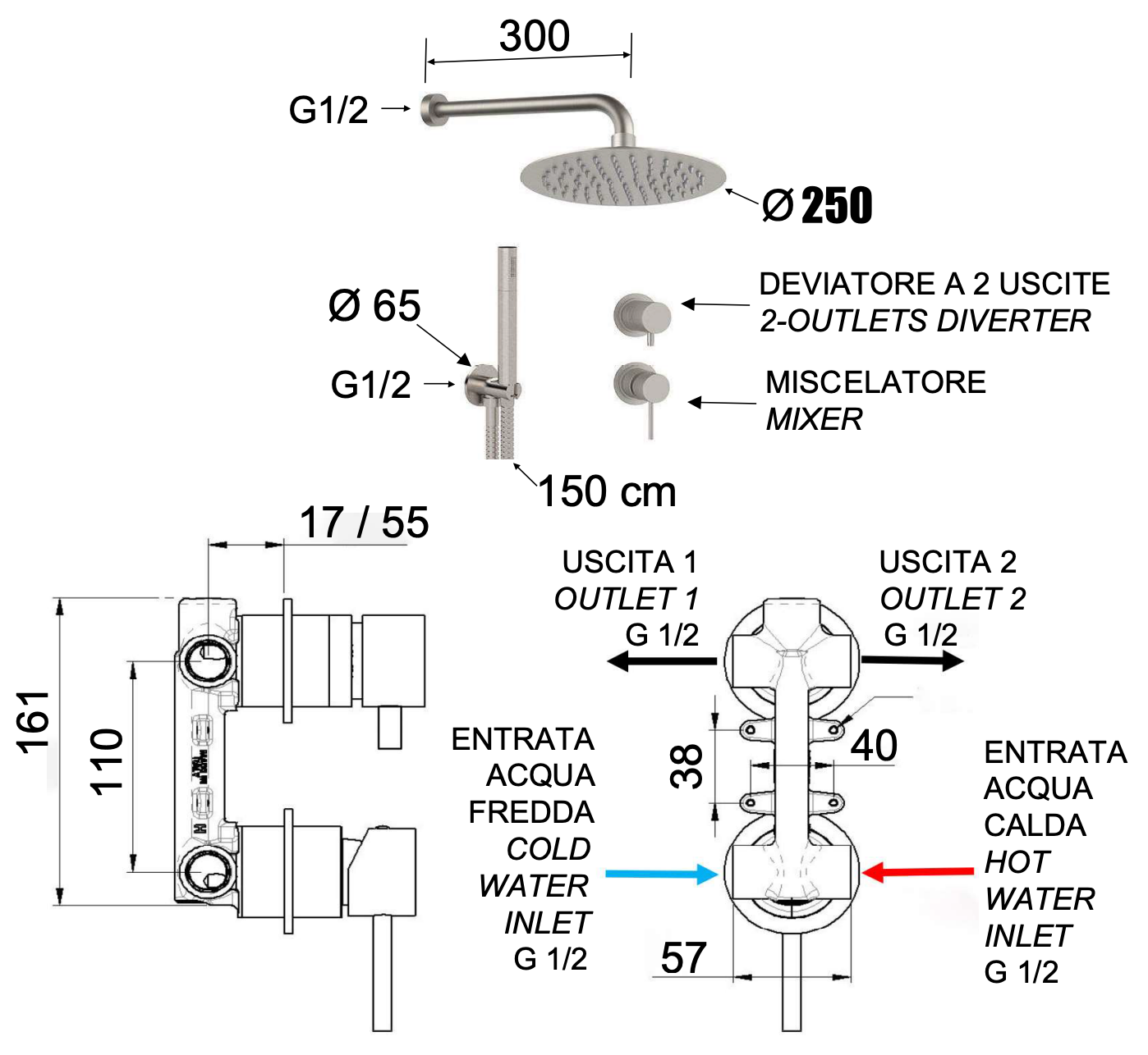 Remer X Style Inox Душевой комплект: смеситель, верхний душ 25 см, лейка, цвет: inox spazzolato SSX92PS02UFM25