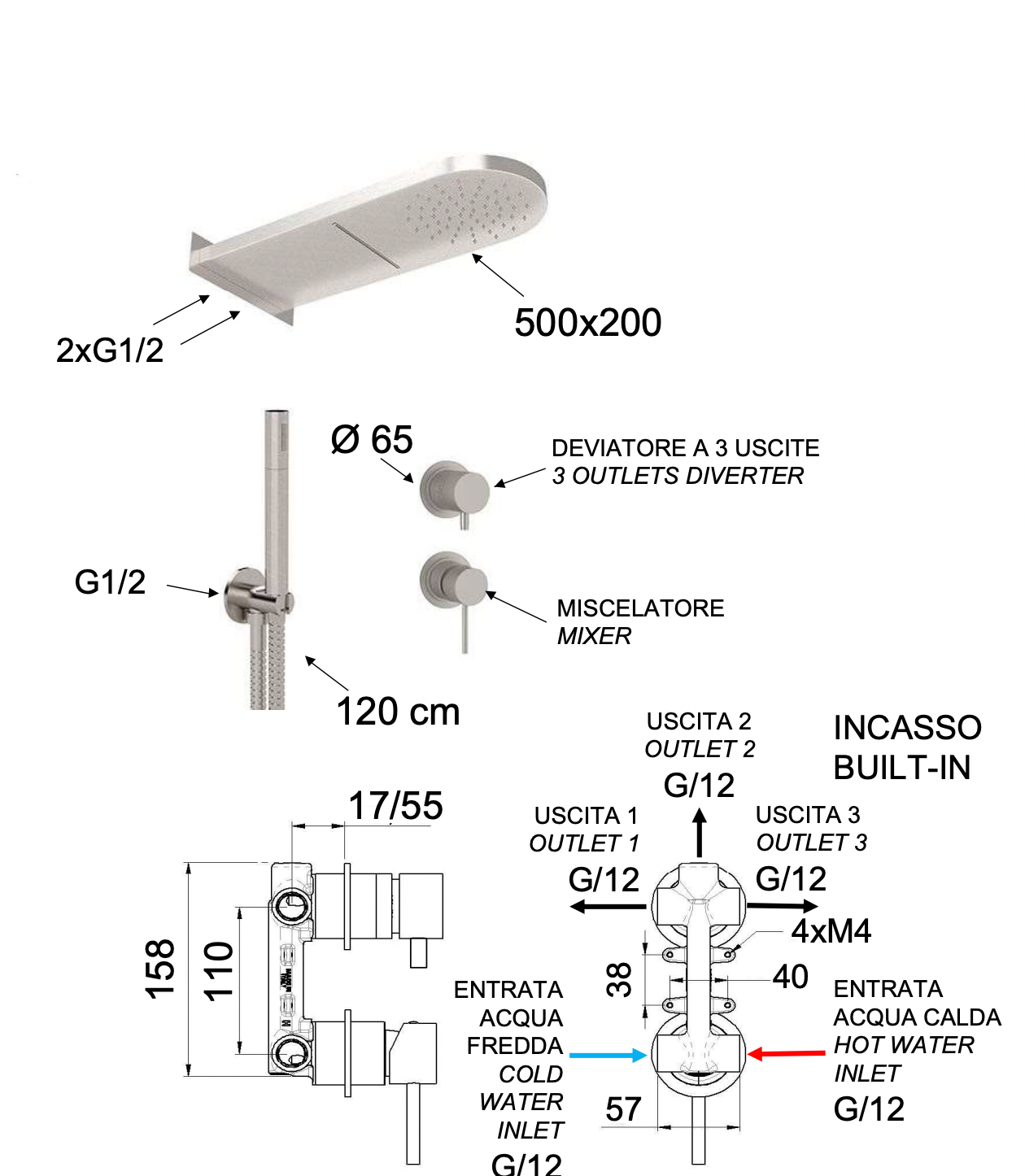 Remer X Style Inox Душевой комплект: смеситель, верхний душ, лейка, шланг, цвет: inox spazzolato SSX93PS02MMCA