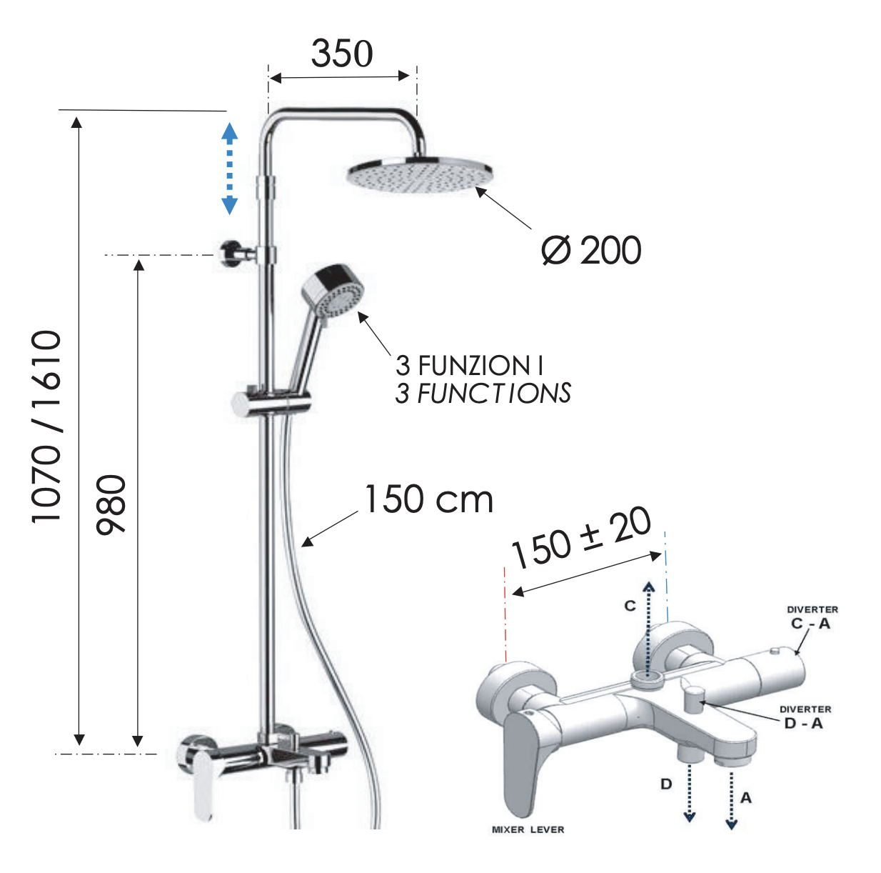 Remer Class Line Душевая стойка: смеситель, верхний душ 20 см, лейка, штанга 161 см, цвет: cromo L34AMD20