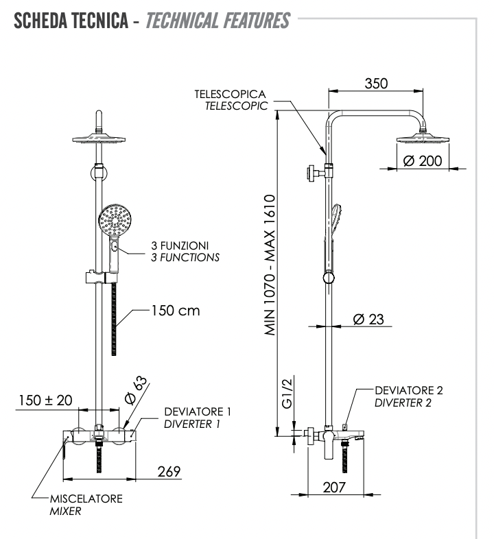 Remer Energy Душевая стойка: смеситель, верхний душ 20 см, лейка, штанга 161 см, шланг, цвет: cromo EY34AEC20