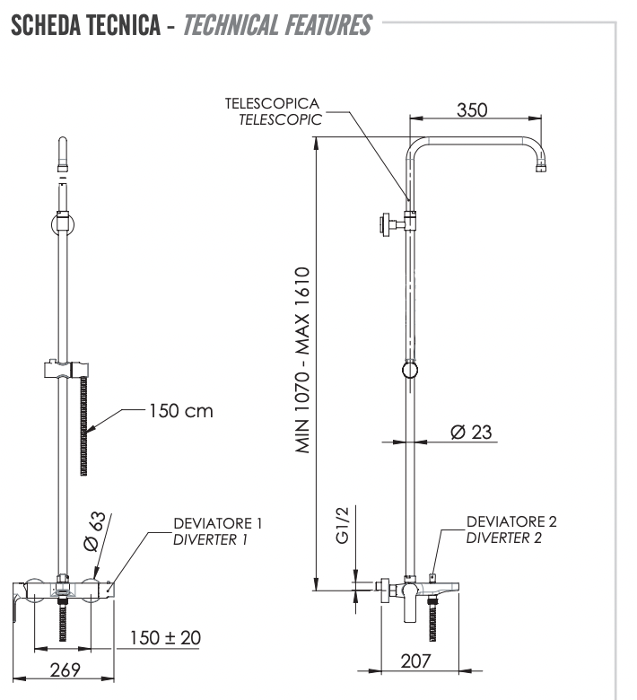 Remer Energy Душевая стойка: смеситель, штанга 161 см, шланг, цвет: oro spazzolato EY34ASSDBG