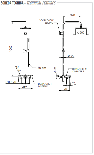 Remer Energy Душевая стойка: смеситель, верхний душ, штанга 100 см, цвет: cromo nero spazzolato EY34X7SS9SSCFP