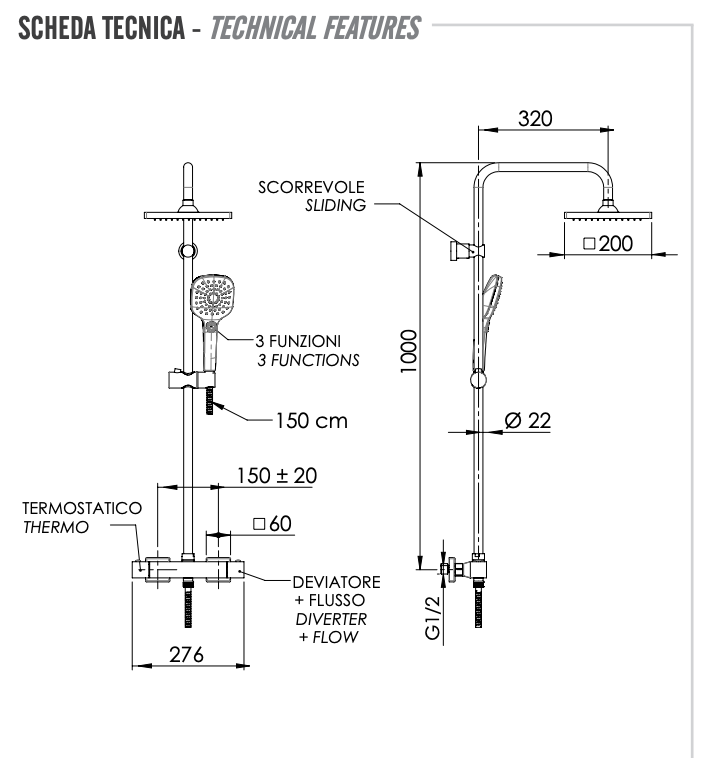 Remer Absolute Душевая стойка: термостат, верхний душ 20 см, лейка, штанга 100 см, цвет: cromo ST32X8CPSD25
