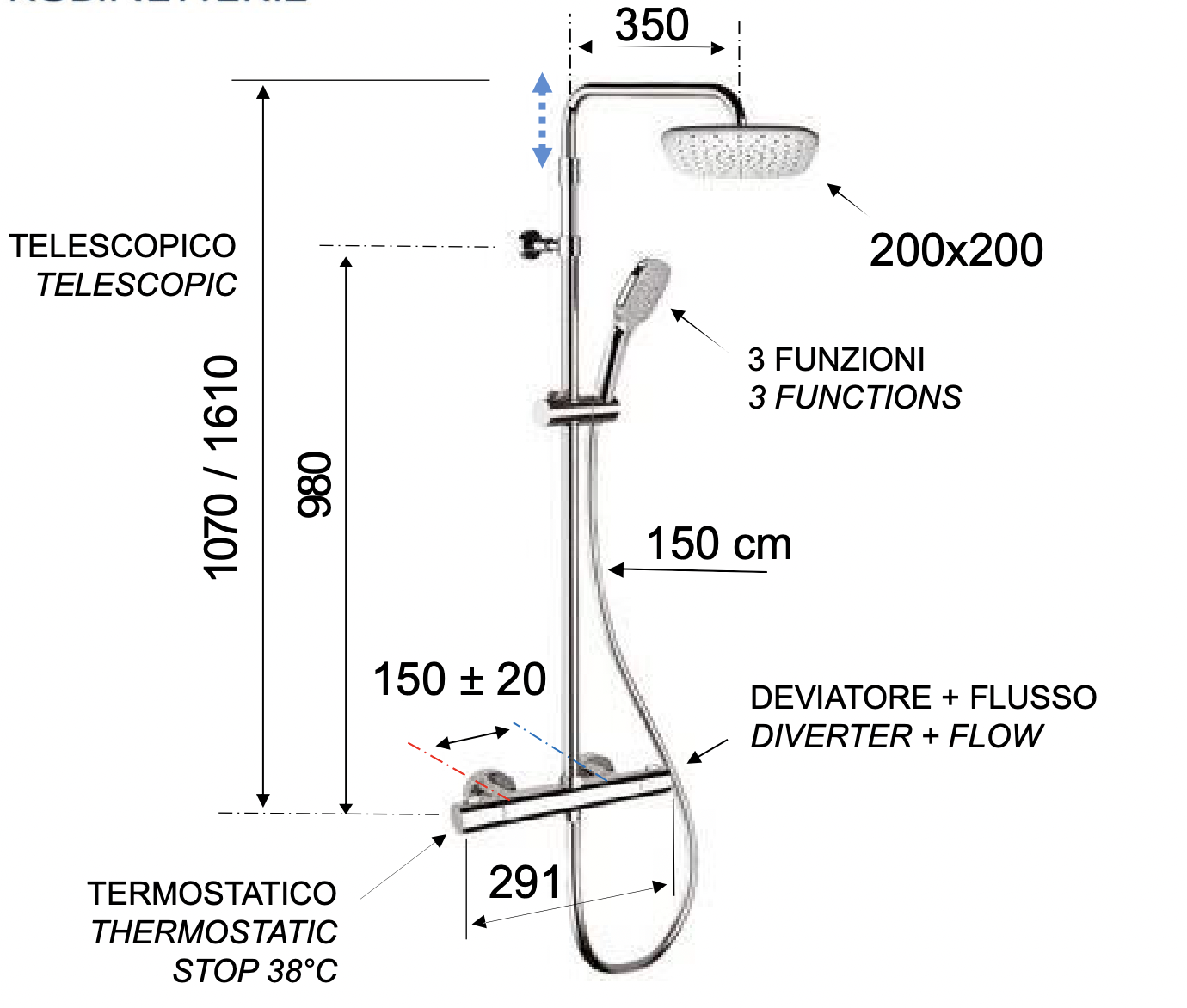 Remer Elegance Душевая стойка: термостат, верхний душ 20 см, лейка, штанга 161 см, цвет: cromo EQ32A8CPAD20