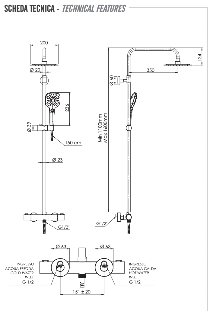 Remer Elegance Душевая стойка: термостат, верхний душ 30 см, лейка, штанга 160 см, цвет: cromo EQ32A8CPUFD30