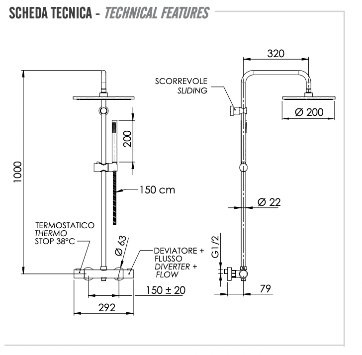 Remer Elegance Душевая стойка: термостат, верхний душ, штанга 100 см, цвет: cromo nero spazzolato EQ32X7MMM20CFP