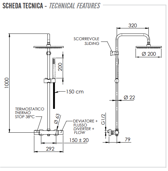 Remer Elegance Душевая стойка: термостат, верхний душ, штанга 100 см, цвет: nichel spazzolato opaco EQ32X7MMM20NP