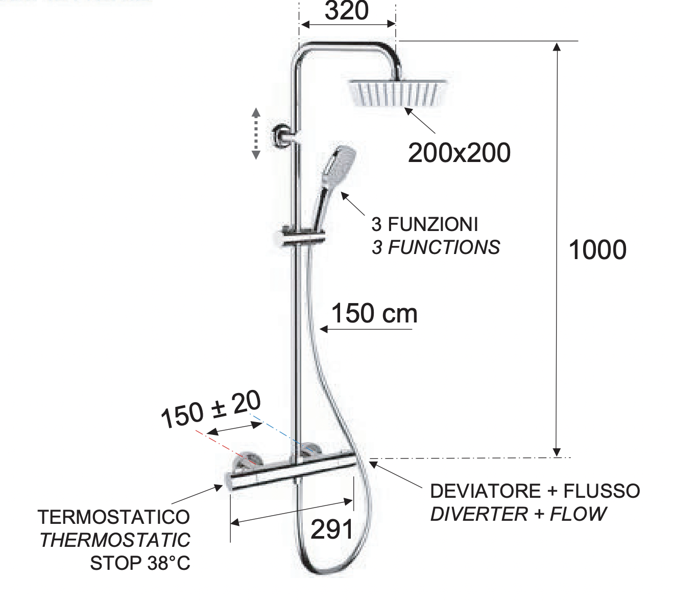 Remer Elegance Душевая стойка: термостат, верхний душ 20 см, лейка, штанга 100 см, цвет: cromo EQ32X8CPUFD20