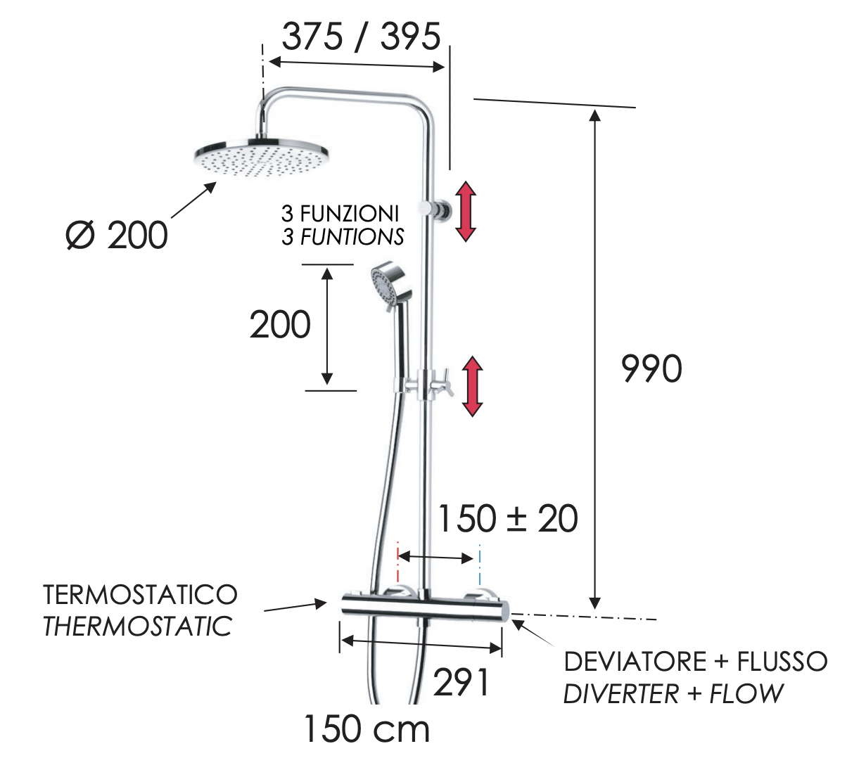 Remer Elegance Душевая стойка: термостат, верхний душ 20 см, лейка, штанга 99 см, шланг, цвет: cromo EQ37330FG