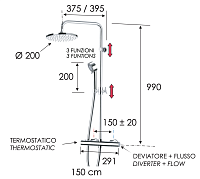 Remer Elegance Душевая стойка: термостат, верхний душ 20 см, лейка, штанга 99 см, шланг, цвет: cromo EQ37330FG