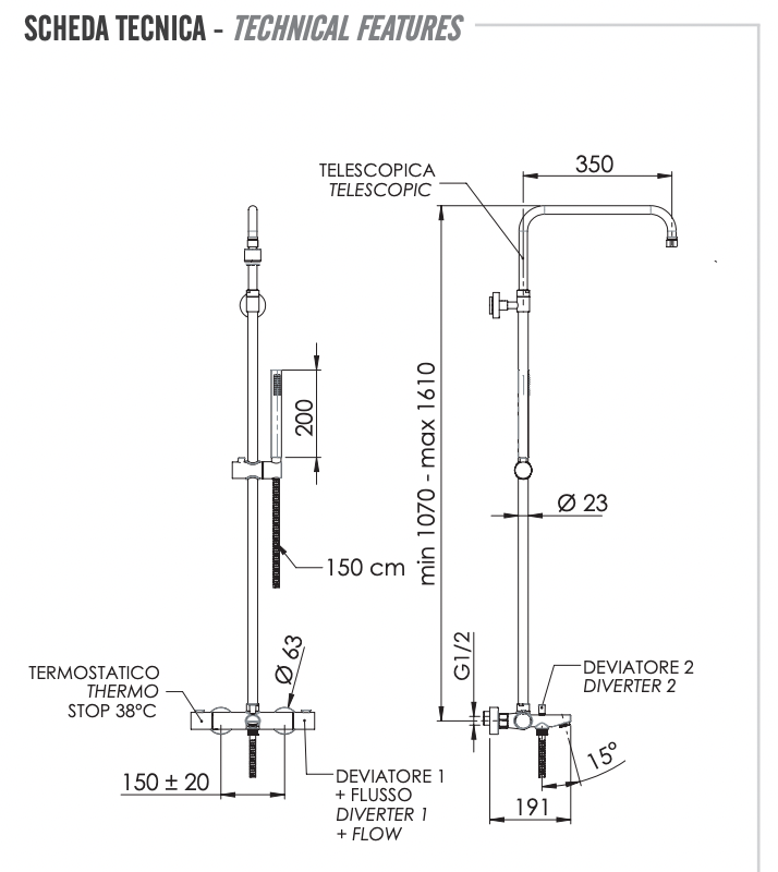 Remer Elegance Душевая стойка: термостат, излив 19,1 см, лейка 1 режим, шланг 150 см, цвет: cromo EQ34A7MMSSOF