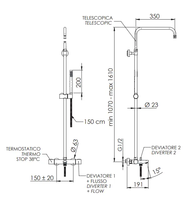 Remer Elegance Душевая стойка: термостат, лейка 1 режим, шланг, цвет: nichel spazzolato opaco EQ34A7MMSSOFNP