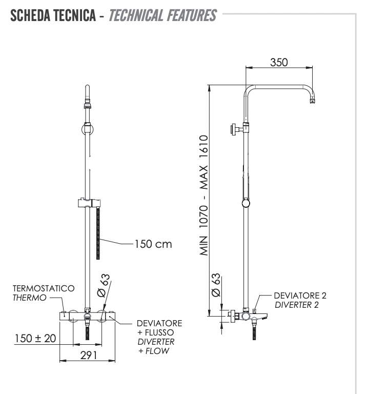 Remer Elegance Душевая стойка: термостат, излив, штанга 161 см, шланг 150 см, цвет: nero opaco EQ34ASSDNO