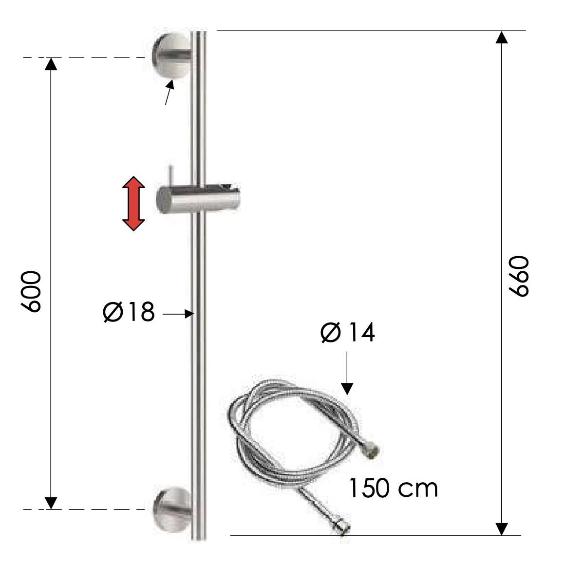 Remer X Style Inox Душевая штанга 66 см с шлангом 150 см, цвет: inox spazzolato SS317M332