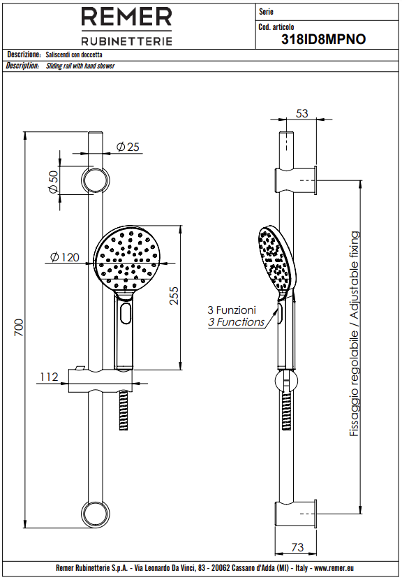 Remer Душевой гарнитур: ручной душ 3 вида струи, штанга 70 см, шланг 150 см, цвет: nero opaco 317ID8MPNO