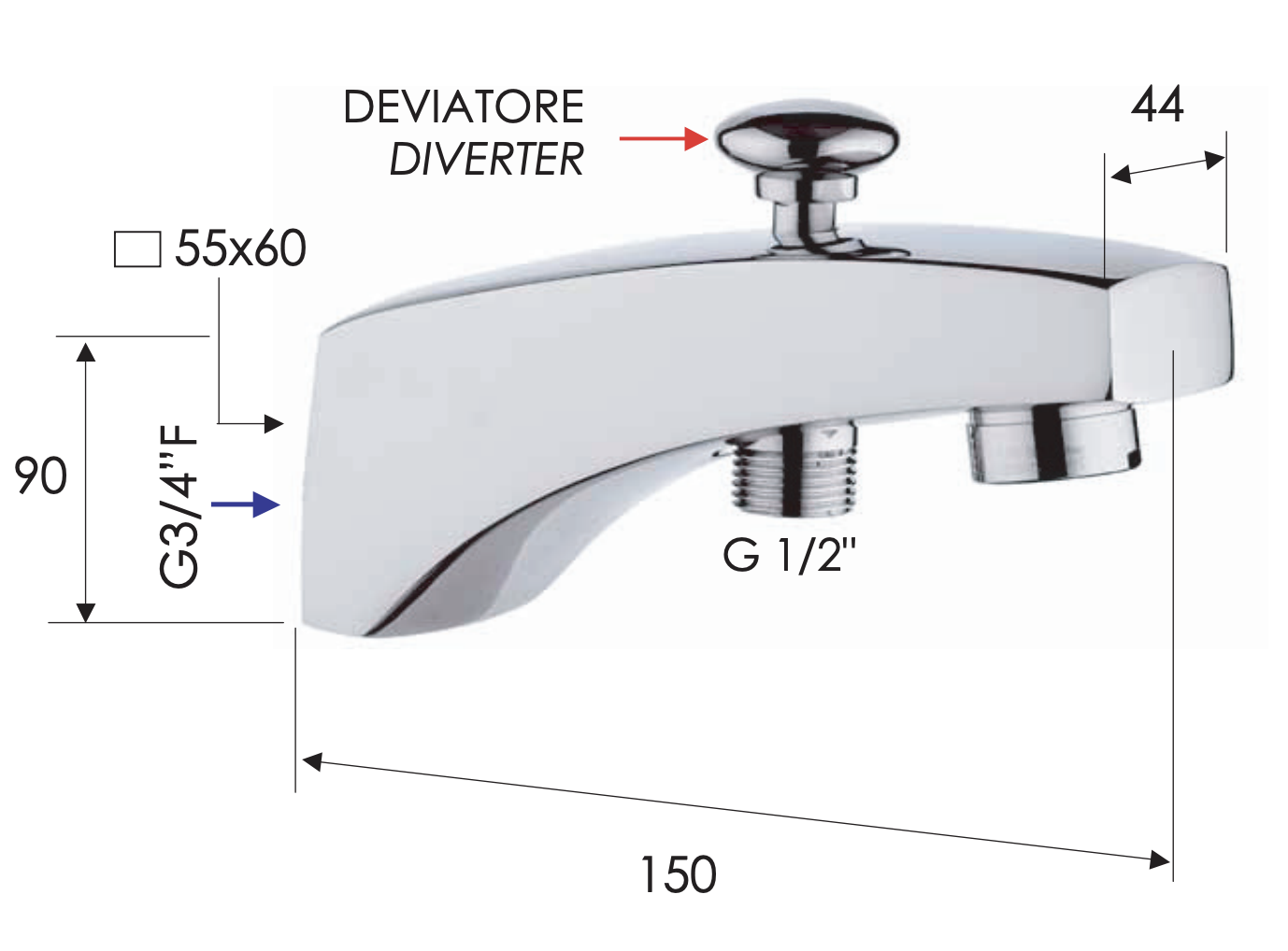 Remer Излив настенный 15 см с дивертором, цвет: cromo 91D