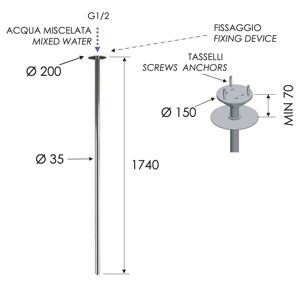 Remer Излив потолочный 174 см, цвет: cromo 91VLN2