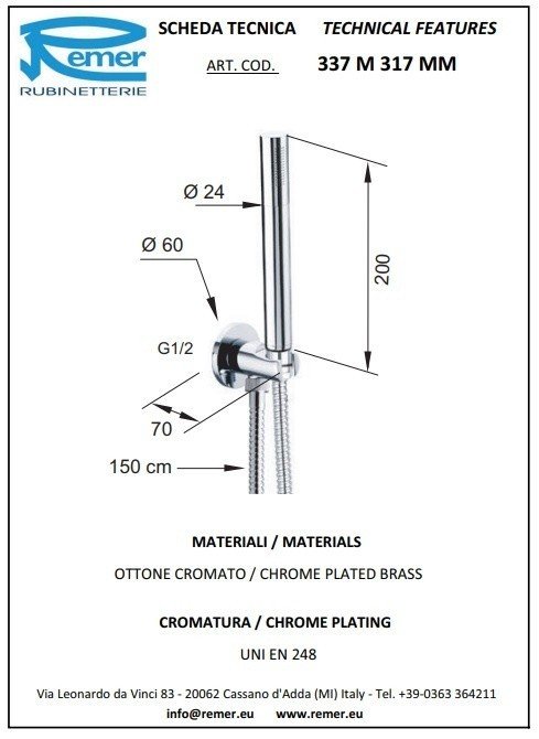 Remer Душевой гарнитур: лейка, выпуск с держателем, шланг 150 см, цвет: nichel spazzolato opaco 337M317MMNP