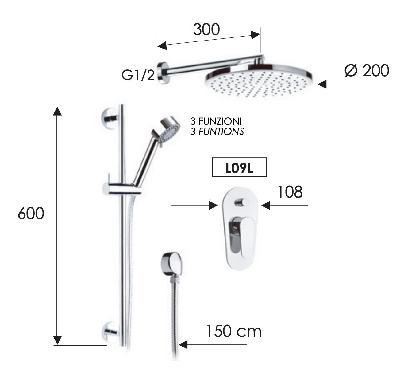 Remer Class Line Душевой комплект: смеситель, верхний душ 20 см, лейка, штанга 60 см, цвет: cromo L09S01