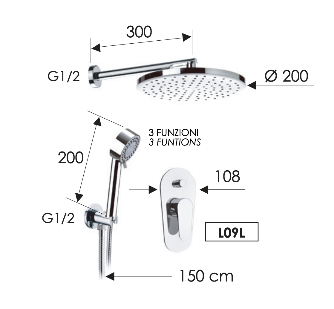 Remer Class Line Душевой комплект: смеситель, верхний душ 20 см, лейка 3 режима, шланг, цвет: cromo L09S02
