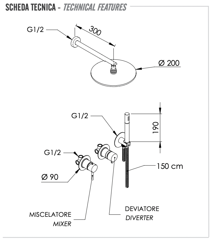 Remer X Style Душевой комплект: смеситель, верхний душ 20 см, лейка 1 режим, шланг, цвет: oro lucido X96S02ODO