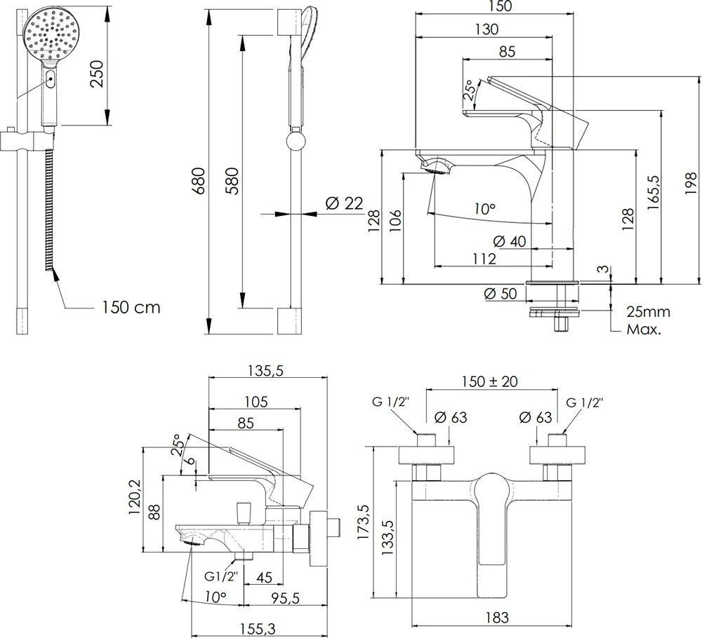 Remer Energy Душевой комплект: 2 смесителя, лейка 4 режима, штанга 68 см, шланг 150 см, цвет: cromo EY0512315LMPI