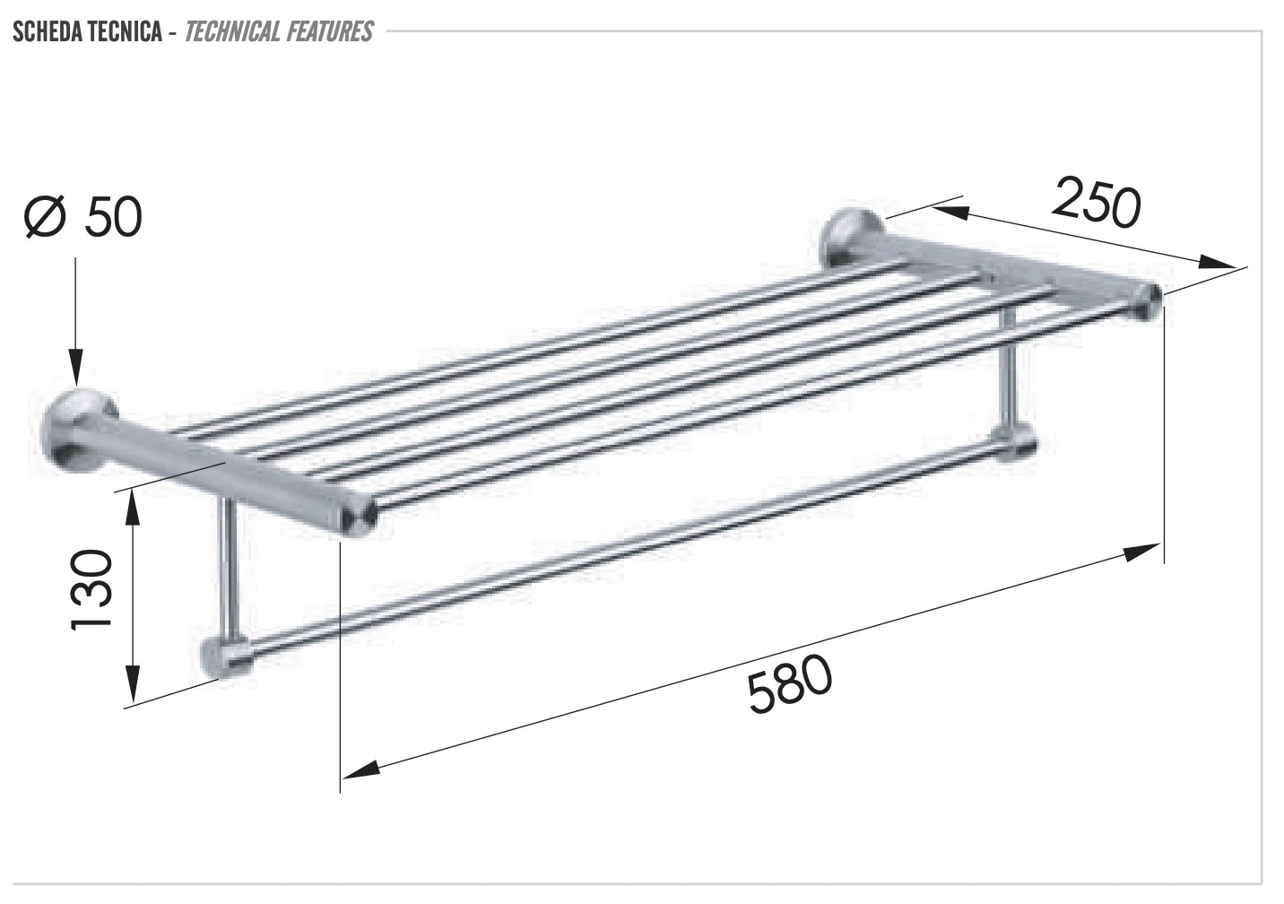 Remer Minimal Inox Полка с держателем для полотенец 56 см, цвет: inox/cromo Mi70INOXCR