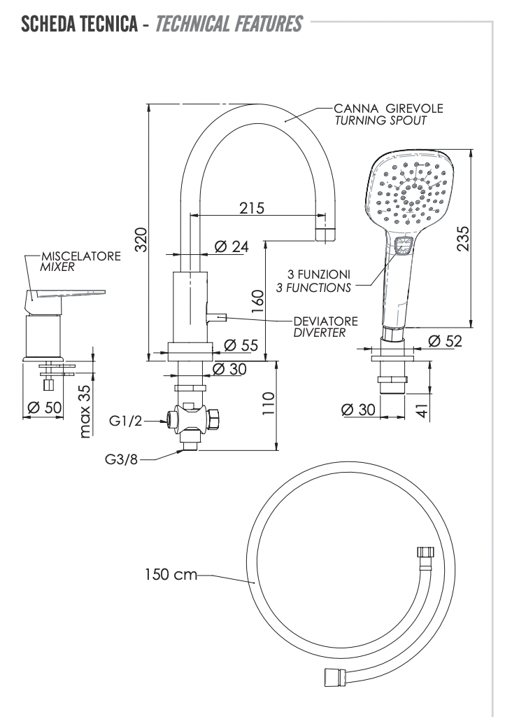 Remer Dream Смеситель на борт ванны, излив 21,5 см, лейка 3 вида струи, шланг 150 см, цвет: cromo D078CP