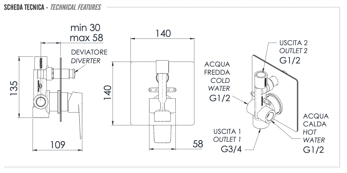 Remer Dream Смеситель для ванны встраиваемый на 2 потребителя, с встраиваемой частью, цвет: cromo D09