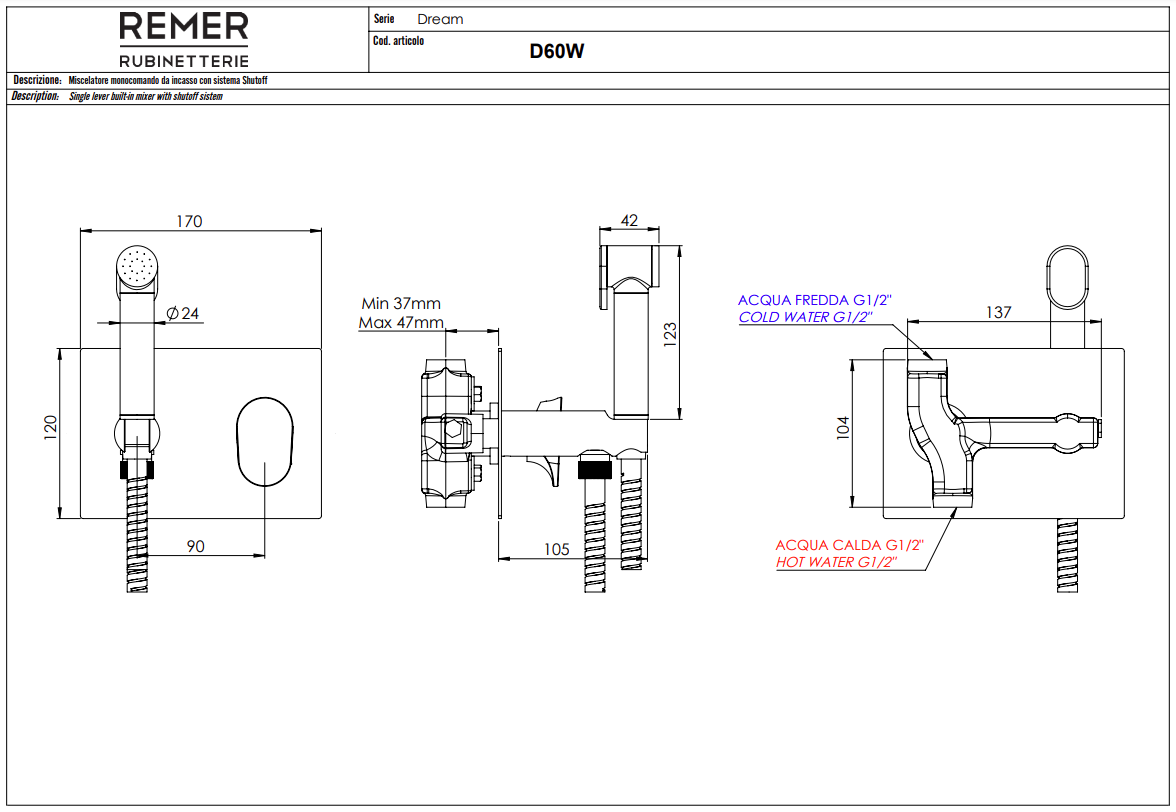Remer Dream Гигиенический душ со смесителем, шланг 120 см, с встраиваемой частью, цвет: cromo D60W