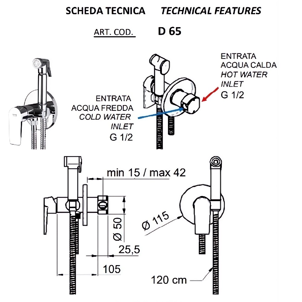 Remer Dream Гигиенический душ со смесителем, шланг 120 см, с встраиваемой частью, цвет: cromo D65