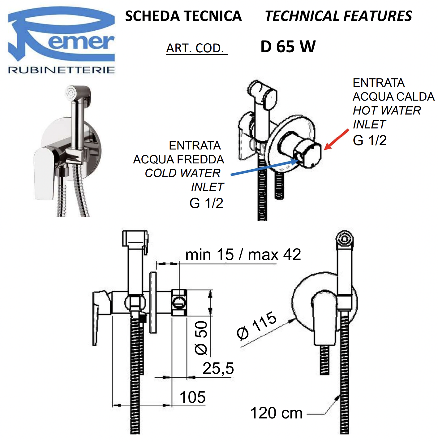 Remer Dream Гигиенический душ со смесителем, шланг 120 см, с встраиваемой частью, цвет: cromo D65W
