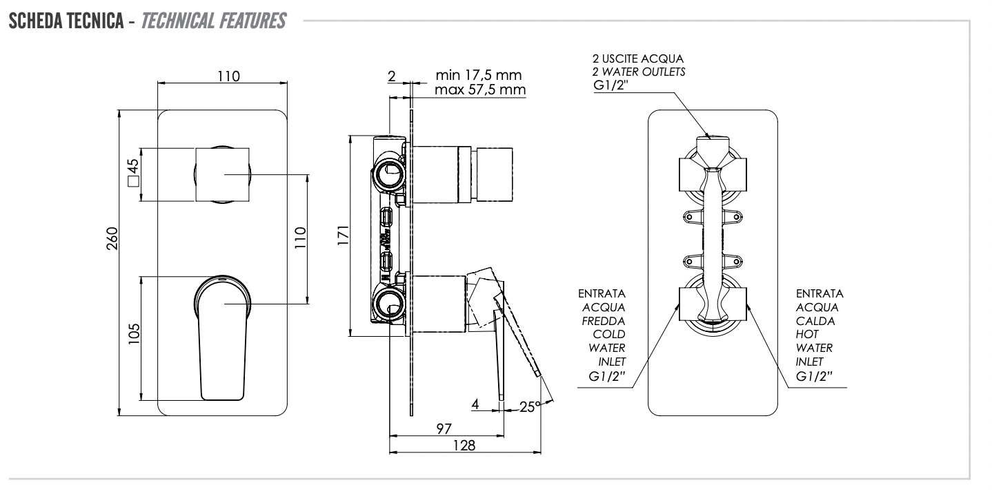 Remer Dream Смеситель для ванны встраиваемый на 2 потребителя, с встраиваемой частью, цвет: cromo D92