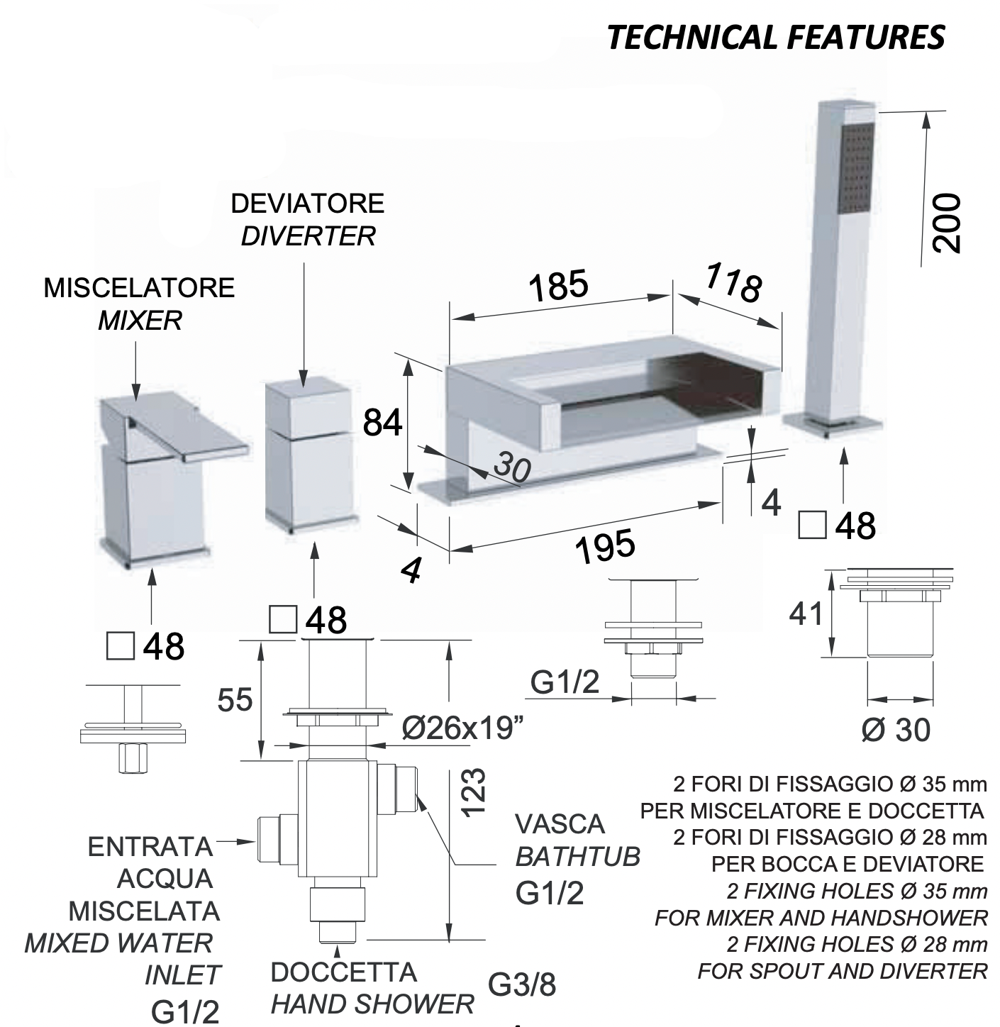 Remer Qubika Cascata Смеситель на борт ванны, каскадный излив, лейка 1 режим, шланг, цвет: cromo QC06