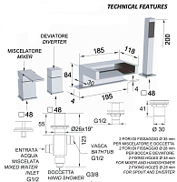 Remer Qubika Cascata Смеситель на борт ванны, каскадный излив, лейка 1 режим, шланг, цвет: cromo QC06