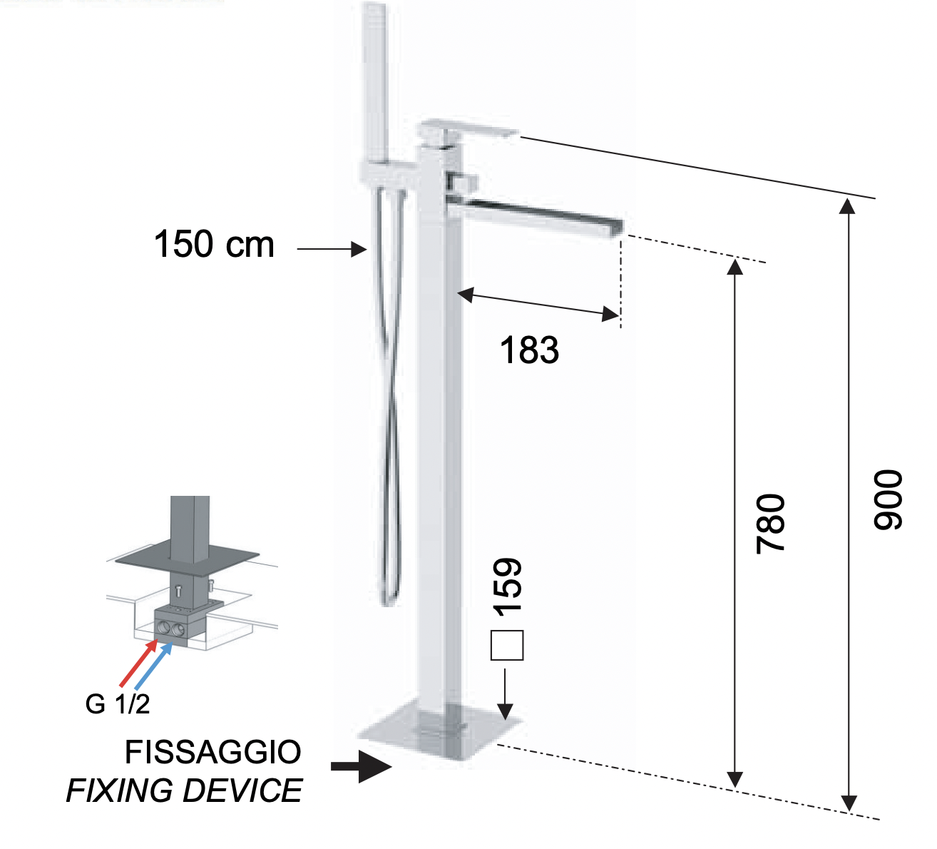 Remer Qubika Cascata Смеситель для ванны напольный, излив 18,3 см, со скрытой частью, цвет: cromo QC08