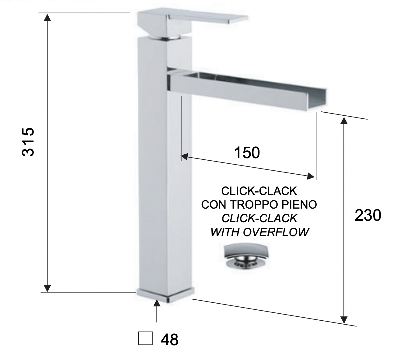 Remer Qubika Cascata Смеситель для раковины, с донным клапаном, высота излива 23 см, цвет: cromo QC10L