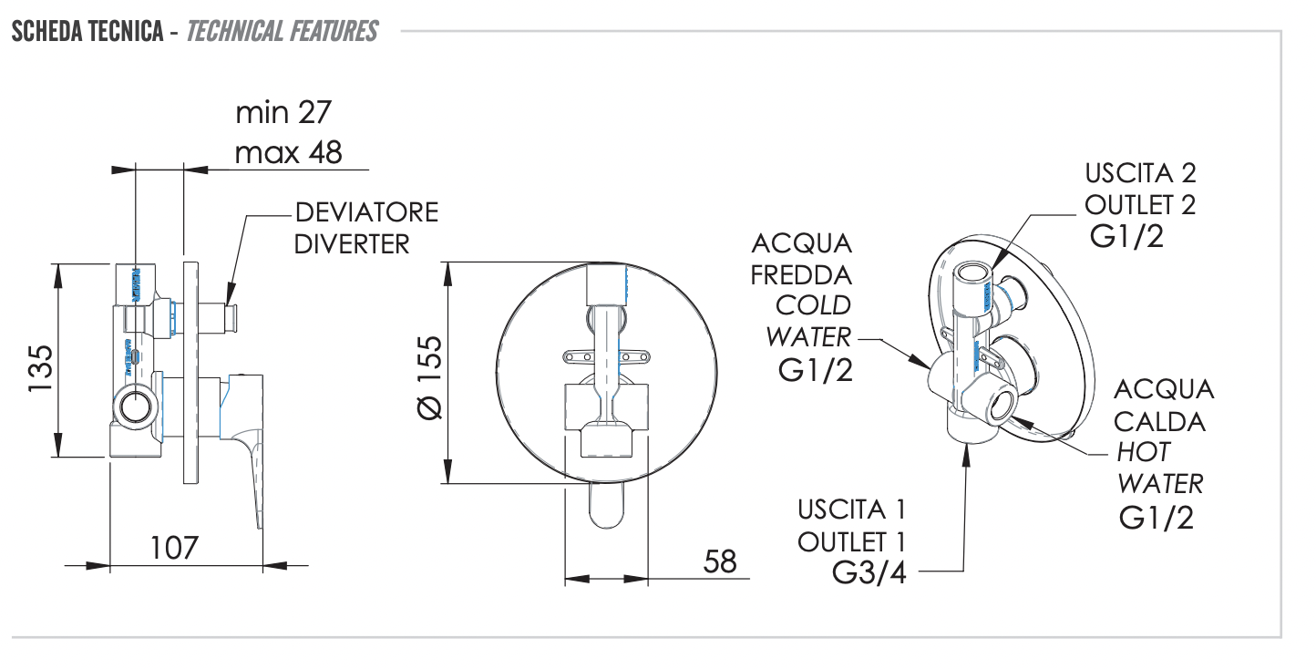 Remer Winner Смеситель для ванны встраиваемый на 2 потребителя, с встраиваемой частью, цвет: cromo W09
