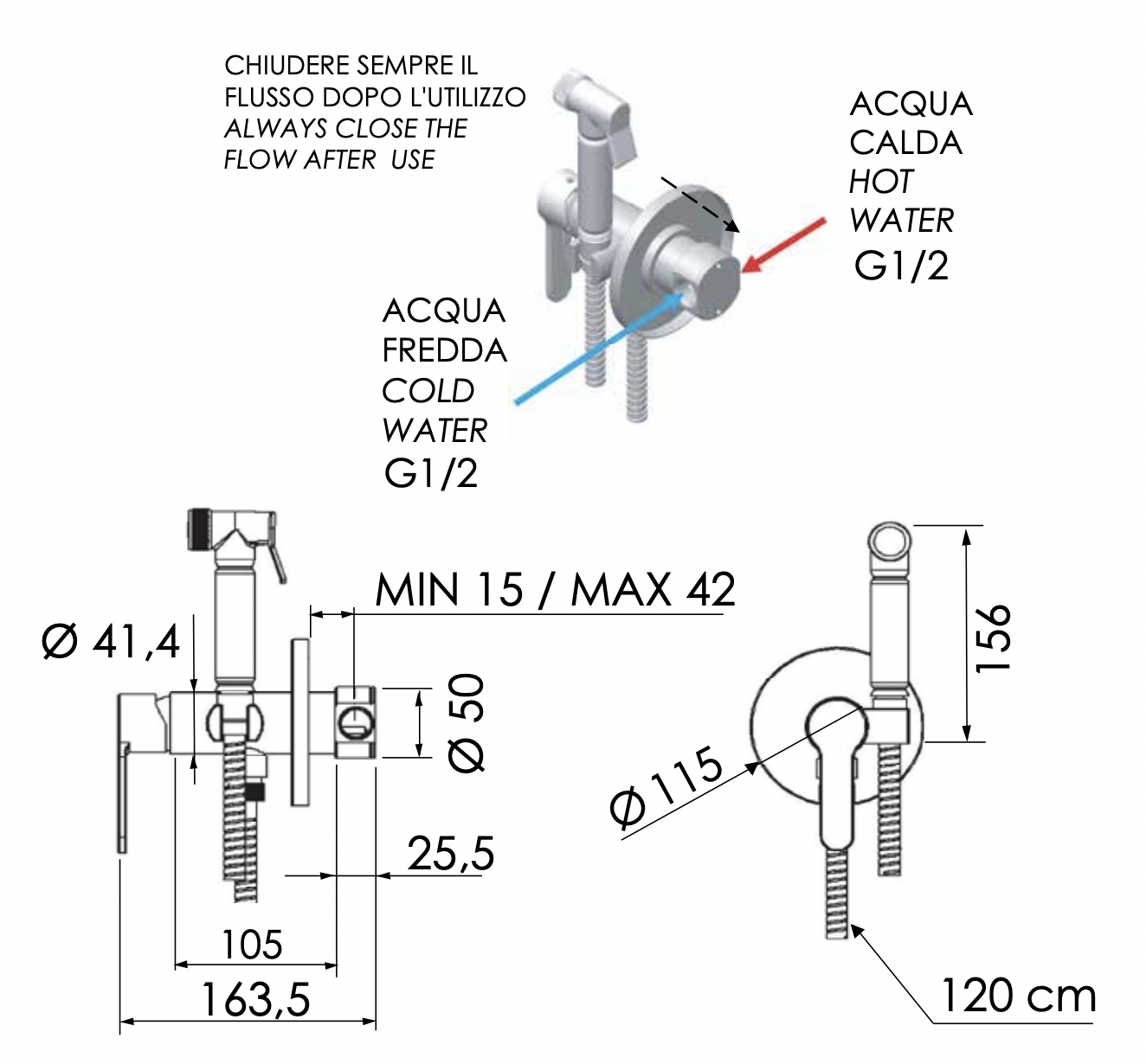Remer Winner Гигиенический душ со смесителем, шланг 120 см, с встраиваемой частью, цвет: cromo W65