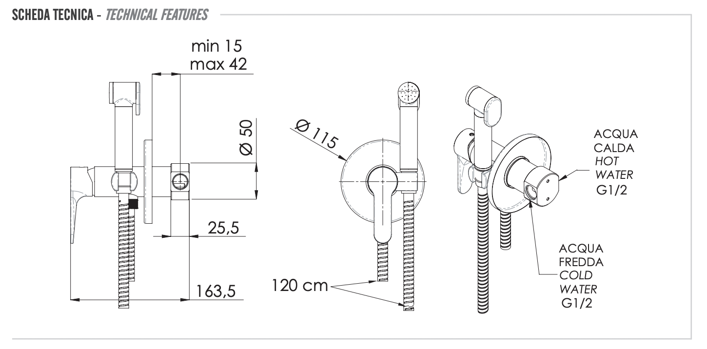 Remer Winner Гигиенический душ со смесителем, шланг 120 см, с встраиваемой частью, цвет: cromo W65W