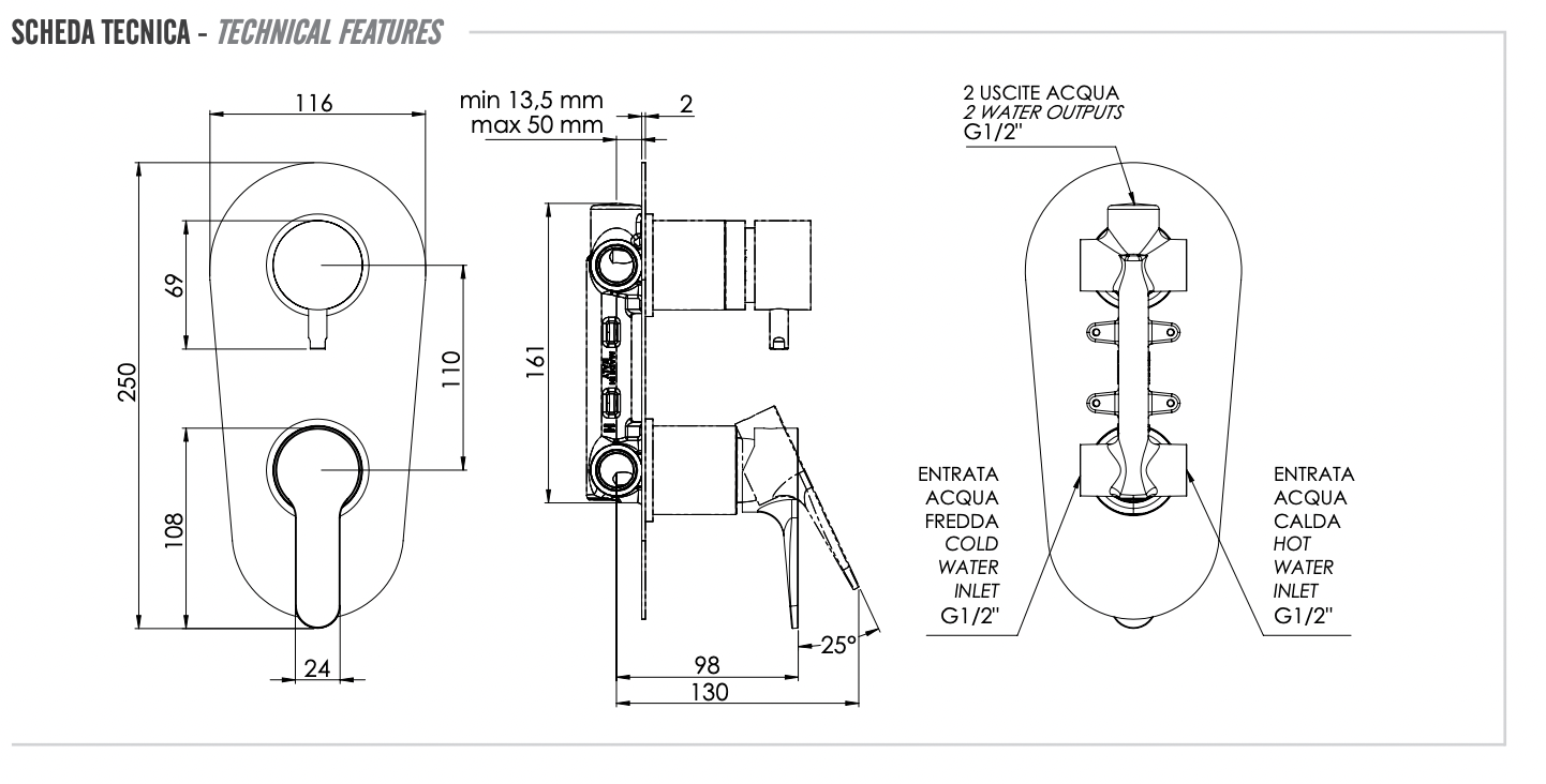 Remer Winner Смеситель для ванны встраиваемый на 2 потребителя, с встраиваемой частью, цвет: cromo W92