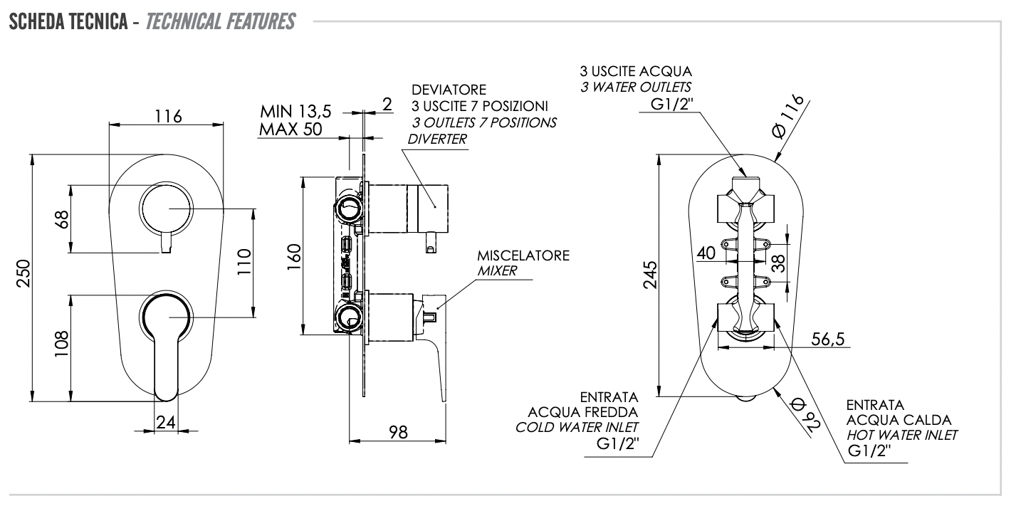Remer Winner Смеситель для ванны встраиваемый, 3 потребителя, с скрытой частью, цвет: cromo W937
