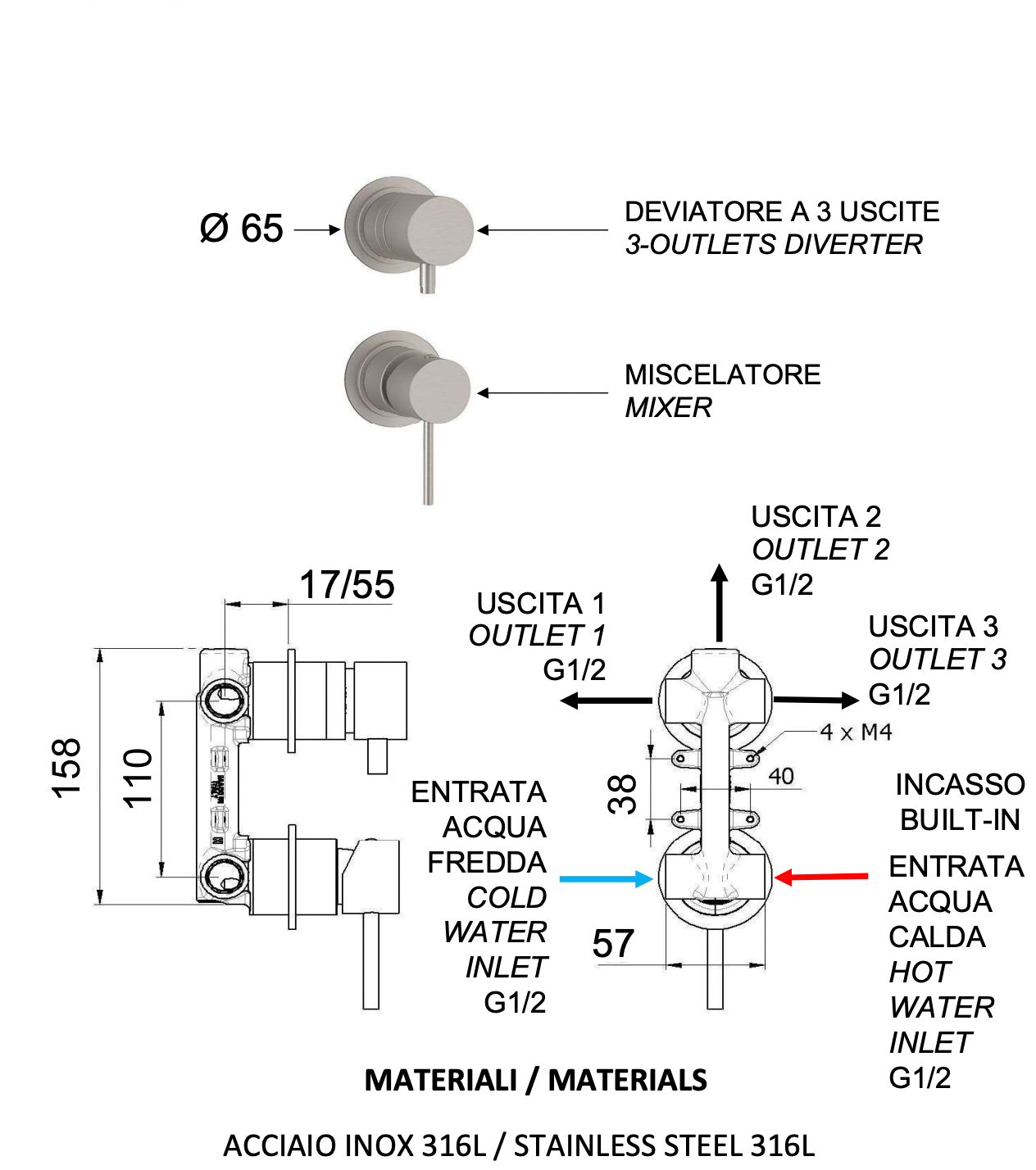 Remer X Style Inox Смеситель для ванны встраиваемый, 3 потребителя, цвет: inox spazzolato SSX93P