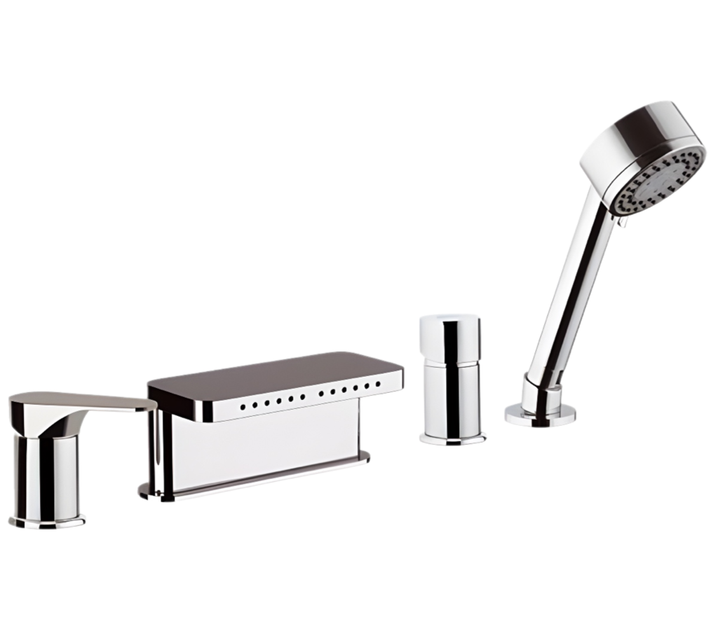 Remer Class Line Смеситель на борт ванны, каскадный излив многоструйный, лейка, шланг, цвет: cromo L06