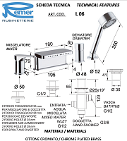 Remer Class Line Смеситель на борт ванны, каскадный излив многоструйный, лейка, шланг, цвет: cromo L06