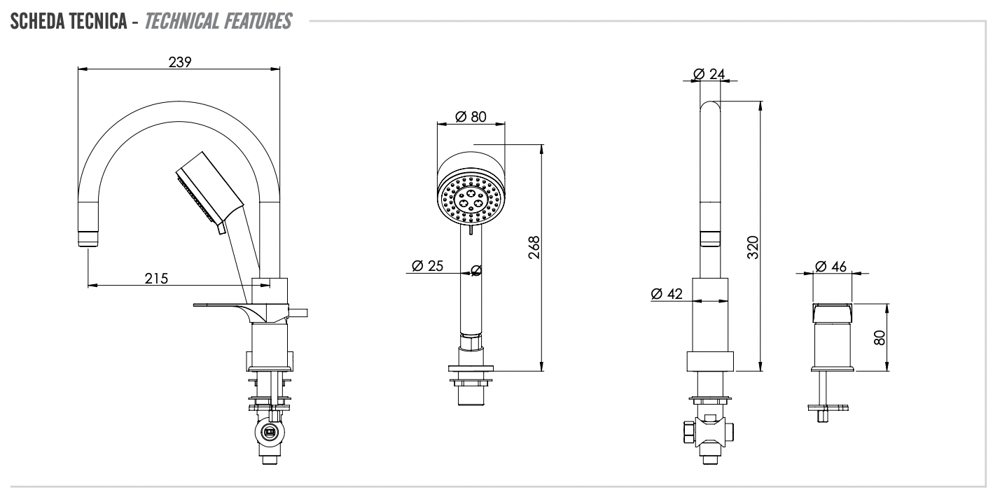 Remer Class Line Смеситель на борт ванны, излив 21,5 см, лейка 3 режима, шланг 150 см, цвет: cromo L07