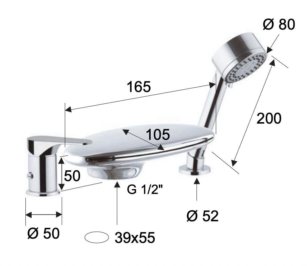 Remer Class Line Смеситель на борт ванны, каскадный излив, лейка 3 режима, шланг 150 см, цвет: cromo L07UF