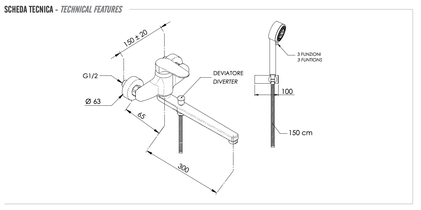 Remer Class Line Смеситель для ванны с душем, лейка 3 вида струи, шланг 150 см, цвет: cromo L49
