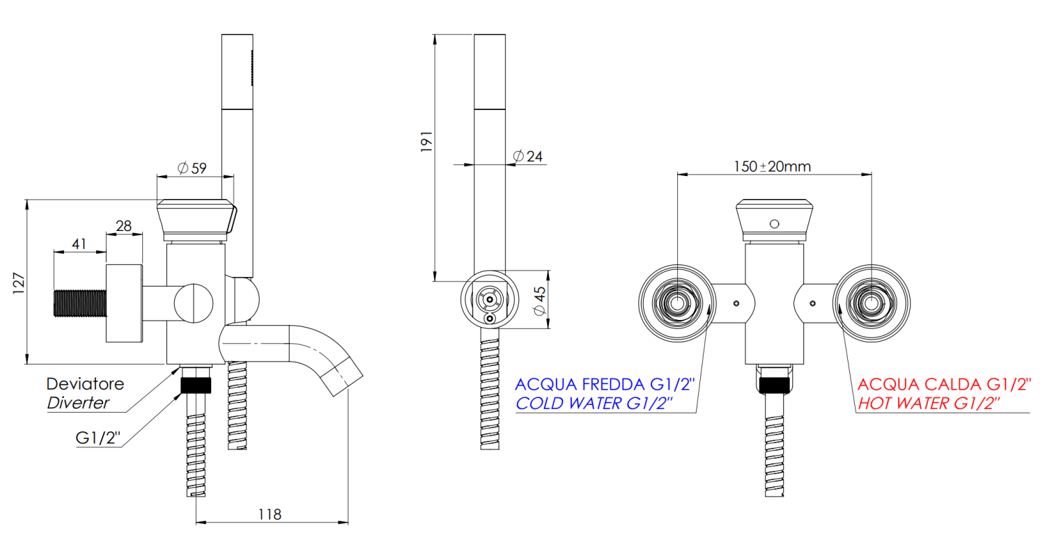 Remer Element Смеситель для ванны с душем, лейка, держатель, шланг 150 см, цвет: oro spazzolato ET02BG