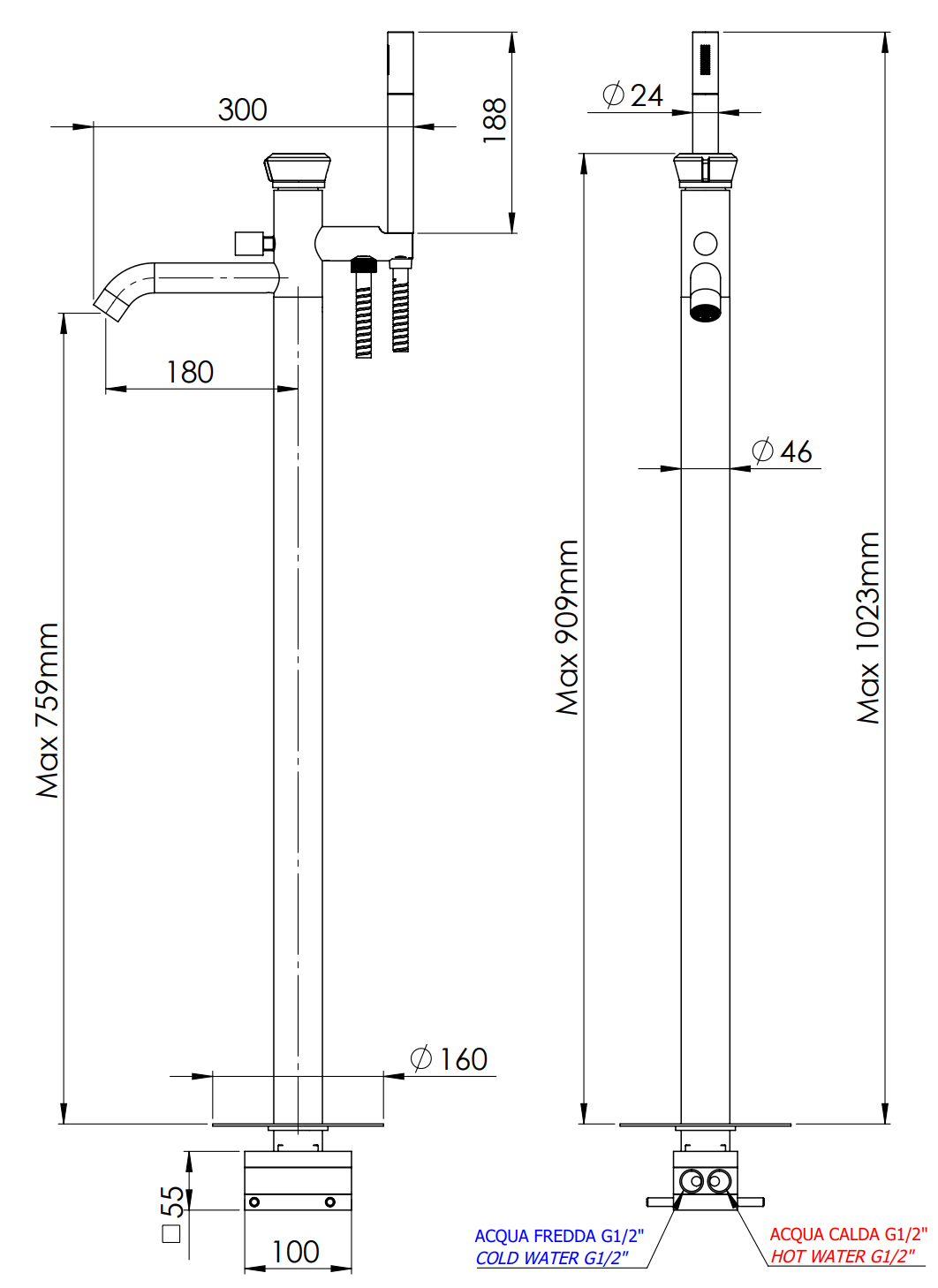 Remer Element Смеситель для ванны напольный, излив 18 см, со скрытой частью, цвет: visual inox ET08XV